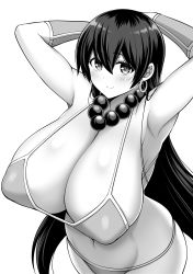 Rule 34 | 1girl, absurdres, armpits, arms behind head, arms up, bare shoulders, bead necklace, beads, bikini, blush, breasts, bridal gauntlets, cleavage, detached sleeves, earrings, fate/grand order, fate (series), greyscale, hair between eyes, highres, hoop earrings, jewelry, kanno takanori, large breasts, long hair, looking at viewer, monochrome, navel, necklace, prayer beads, smile, solo, swimsuit, xuangzang sanzang (fate)
