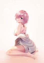 Rule 34 | :d, bare arms, bare shoulders, barefoot, bikini, bikini top only, blush, breasts, eyes visible through hair, fate/grand order, fate (series), from side, full body, grey jacket, hair over one eye, highres, jacket, large breasts, long sleeves, looking at viewer, looking to the side, mash kyrielight, open clothes, open jacket, open mouth, pink hair, purple eyes, sebu illust, short hair, sideboob, signature, simple background, sitting, smile, solo, swimsuit, wariza, white background, white bikini