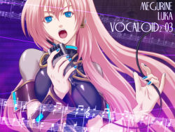 Rule 34 | 1girl, bass clef, beamed quavers, blue nails, flat sign, iga tomoteru, long hair, megurine luka, microphone, music, musical note, nail polish, pink hair, singing, solo, staff (music), treble clef, vocaloid