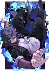 Rule 34 | 1boy, aqua eyes, barururunru, black background, black footwear, black hair, black jacket, black pants, boku no hero academia, boots, border, commentary, dabi (boku no hero academia), energy, falling, full body, highres, jacket, male focus, pants, parted lips, shirt, short hair, short sleeves, smile, solo, stitches, symbol-only commentary, teeth, white border, white shirt