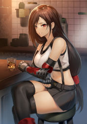 Rule 34 | 1girl, alcohol, black hair, black skirt, blush, boots, breasts, brown eyes, brown hair, collarbone, cup, earrings, elbow gloves, elbow pads, elbow rest, final fantasy, final fantasy vii, final fantasy vii remake, fingerless gloves, gloves, highres, indoors, jewelry, large breasts, crossed legs, long hair, low-tied long hair, midriff, navel, parted lips, pencil skirt, pleated skirt, pyz (cath x tech), red eyes, sitting, skindentation, skirt, smile, solo, stool, suspender skirt, suspenders, table, tank top, thighhighs, thighs, tifa lockhart, very long hair