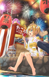 Rule 34 | 2boys, 2girls, barefoot, blush, blush stickers, child, eyebrows, feet, fireworks, flower, hair ornament, hairclip, hand fan, hand on another&#039;s head, hatsune miku, highres, holding, kagamine rin, kitsunerider, lantern, multiple boys, multiple girls, open mouth, outdoors, shiny skin, sitting, sky, sunflower, vocaloid