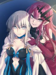 Rule 34 | 2girls, baobhan sith (fate), baobhan sith (first ascension) (fate), bare shoulders, black dress, blue choker, blue dress, blue eyes, breasts, cape, choker, cleavage, clothing cutout, collarbone, detached sleeves, dress, eyelashes, fate/grand order, fate (series), hair ornament, highres, lipstick, looking at viewer, makeup, medium breasts, morgan le fay (fate), multiple girls, nail polish, navel, navel cutout, pink hair, pointy ears, purple eyes, purple lips, purple sleeves, red nails, sakashima 0822, silver hair, two-tone dress, upper body, white cape