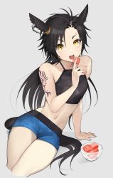 Rule 34 | 1girl, air shakur (umamusume), animal ears, arm support, bare arms, black hair, black shirt, blue shorts, bowl, commentary request, crop top, cropped legs, ear piercing, eating, eyebrow piercing, food, fruit, grey background, hand up, holding, holding food, horse ears, long hair, midriff, navel, open mouth, piercing, sharp teeth, shirt, shorts, simple background, sleeveless, sleeveless shirt, solo, tan (inka), tattoo, teeth, tongue, umamusume, watermelon, yellow eyes