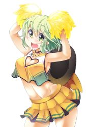 Rule 34 | 1girl, aki (akikaze asparagus), alternate costume, arms up, blush, breasts, cheerleader, cleavage, cleavage cutout, clothing cutout, covered erect nipples, crop top, green eyes, green hair, hat, unworn hat, unworn headwear, heart, heart cutout, komeiji koishi, looking at viewer, matching hair/eyes, midriff, navel, open mouth, pom pom (cheerleading), short hair, simple background, skirt, solo, touhou, white background