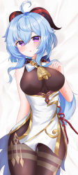 Rule 34 | 1girl, absurdres, ahoge, bare arms, bed sheet, bell, black legwear, blue hair, blush, bodystocking, bodysuit, breasts, chinese knot, flower knot, ganyu (genshin impact), genshin impact, gluteal fold, gold trim, highres, horns, large breasts, long hair, looking at viewer, lying, min1910, neck bell, no gloves, on back, parted lips, purple eyes, sidelocks, sleeveless, solo, thigh gap, thighlet