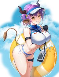 Rule 34 | 1girl, :d, animal ears, arknights, arm strap, arm under breasts, azema, bare shoulders, bikini, black gloves, blue sky, blush, bottle, breast hold, breasts, clothes writing, cow ears, cow girl, cow horns, cow tail, day, feet out of frame, fingerless gloves, gloves, grin, hand on own chest, hat, horns, innertube, leaning forward, looking at viewer, navel, official alternate costume, open mouth, outdoors, ponytail, purple hair, short hair, short ponytail, sideroca (arknights), sideroca (light breeze) (arknights), sky, smile, solo, standing, swim ring, swimsuit, tail, teeth, thighs, visor cap, white bikini, white hat, yellow eyes