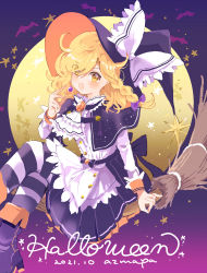 Rule 34 | 1girl, alternate costume, apron, artist name, azuma aya, back bow, bat (animal), black capelet, blonde hair, blush, boots, bow, braid, breasts, broom, broom riding, buttons, capelet, center frills, commentary, dated, english text, eyes visible through hair, frills, full body, full moon, gradient background, hair ribbon, halloween, halloween costume, hat, hat bow, highres, kirisame marisa, long hair, long sleeves, looking at viewer, moon, open mouth, pantyhose, purple background, purple ribbon, ribbon, shirt, single braid, sitting, small breasts, solo, sparkle, star (symbol), striped clothes, striped legwear, striped pantyhose, symbol-only commentary, touhou, tress ribbon, waist apron, white apron, white bow, white shirt, witch hat, wrist cuffs, yellow eyes
