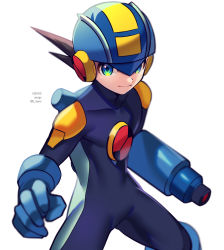 Rule 34 | 1boy, arm cannon, artist name, blue bodysuit, blue headwear, blurry, bodysuit, brown hair, closed mouth, commentary request, covered collarbone, dated, depth of field, green eyes, helmet, highres, light smile, looking at viewer, male focus, mega man (series), mega man battle network, mega man battle network (series), megaman.exe, netnavi, short hair, simple background, solo, standing, twitter username, weapon, white background, zero-go