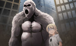 Rule 34 | 1girl, animal, bad id, bad pixiv id, brown eyes, brown hair, building, cosplay, cosplay request, day, gorilla, idolmaster, idolmaster cinderella girls, morikubo nono, open mouth, outdoors, rampage (film), rampage (series), ringlets, shirt, short sleeves, solo, sweat, tears, torn clothes, torn shirt, turn pale, uccow, white shirt, window