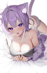 Rule 34 | !, 1girl, ahoge, alternate costume, animal ear fluff, animal ears, bare shoulders, bed sheet, blanket, blush, breasts, camisole, cat ears, cat girl, cat tail, cleavage, commentary request, grey camisole, highres, hololive, indoors, jacket, kuma daigorou, large breasts, looking at viewer, lying, nekomata okayu, off shoulder, on stomach, open clothes, open jacket, open mouth, purple eyes, purple hair, purple jacket, sheet grab, short hair, shorts, solo, strap slip, tail, virtual youtuber