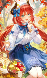 Rule 34 | 1girl, absurdres, blue eyes, blue skirt, chen ying (alan-yut), genshin impact, highres, horn ornament, horns, long hair, long sleeves, looking at viewer, nilou (genshin impact), nilou (samsung) (genshin impact), open mouth, red hair, shirt, skirt, solo, white shirt