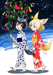 Rule 34 | 10s, 2girls, :d, alternate costume, animal ears, bad id, bad twitter id, bamboo shoot, common raccoon (kemono friends), fang, feet, fennec (kemono friends), floral print, food, fox ears, fox tail, fruit, full body, half-closed eyes, japanese clothes, kanimura ebio, kemono friends, kimono, leaf, long sleeves, looking at another, multiple girls, open mouth, plant, raccoon ears, raccoon tail, sandals, short hair, slippers, smile, tail, walking, watermelon, wide sleeves, zouri