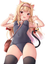Rule 34 | 1girl, ahoge, alternate costume, animal ears, armpits, arms up, bachibachi (tisen), bag, bare arms, bare shoulders, bell, black one-piece swimsuit, black thighhighs, blonde hair, bow, breasts, cat cutout, cat ears, cat girl, cat tail, claw pose, cleavage cutout, clothing cutout, covered navel, cowboy shot, extra ears, gluteal fold, groin, hair bow, hairband, highres, jingle bell, little witch nobeta, long hair, looking at viewer, nobeta, old school swimsuit, one-piece swimsuit, open mouth, red eyes, school swimsuit, shoulder bag, simple background, skindentation, small breasts, smile, solo, standing, sweat, swimsuit, tail, tail bow, tail ornament, thighhighs, thighs, v-shaped eyebrows, white background