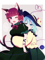 Rule 34 | 2girls, ;3, ;d, absurdres, animal ear fluff, animal ears, aqua eyes, aqua hair, blunt bangs, blush, braid, breasts, cat ears, cat tail, cowboy shot, dress, extra ears, green dress, green skirt, hat, heart, heart of string, highres, jitome, kaenbyou rin, komeiji koishi, large breasts, looking at another, medium hair, multiple girls, multiple tails, nekomata, one eye closed, open mouth, pointy ears, red eyes, shirt, simple background, skirt, smile, tail, touhou, twin braids, twintails, two tails, v-shaped eyebrows, yellow shirt, you (noanoamoemoe), yuri