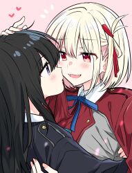 Rule 34 | 2girls, black hair, black sleeves, blonde hair, closed mouth, hair ribbon, hand on another&#039;s back, headpat, heart, highres, hug, inoue takina, long hair, looking at another, lycoris recoil, lycoris uniform, multiple girls, nishikigi chisato, open mouth, pink background, red eyes, red ribbon, red sleeves, ribbon, short hair, simple background, upper body, yasaka shuu, yuri