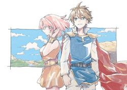 1boy 1girl armor bare_shoulders bartz_klauser belt blue_tunic border bracer breasts brown_hair cape clenched_hand closed_mouth cloud cloudy_sky dress earrings facing_to_the_side facing_viewer final_fantasy final_fantasy_v gold_belt hand_in_own_hair jewelry lenna_charlotte_tycoon medium_breasts michibata_65 orange_dress pants pink_hair popped_collar red_cape shirt short_dress short_hair shoulder_armor sky smirk tunic upper_body white_border white_pants white_shirt