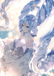 Rule 34 | 1girl, arms up, bare shoulders, blue hair, blush, detached collar, detached sleeves, dress, fingers together, frilled dress, frills, grey eyes, hatsune miku, juliet sleeves, long hair, long sleeves, open mouth, puffy sleeves, shiomizu (swat), snowflakes, solo, strapless, strapless dress, tiara, twintails, very long hair, vocaloid, yuki miku