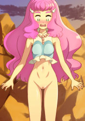 Rule 34 | 1girl, bead necklace, beads, bikini, blush, bottomless, breasts, cleft of venus, cloud, embarrassed, evening, female focus, frilled bikini, frills, green eyes, hair ornament, highres, jewelry, laura (precure), long hair, nail polish, navel, necklace, oniyama (o2yama), open mouth, outdoors, pink hair, precure, pussy, rock, sidelocks, sky, solo, standing, surprised, swimsuit, tropical-rouge! precure, uncensored, wavy mouth