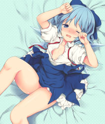 Rule 34 | 1girl, bad id, bad pixiv id, bed sheet, blue eyes, blue hair, blush, bow, cirno, hair bow, lying, maki (natoriumu), matching hair/eyes, on back, open mouth, polka dot, short hair, solo, touhou, unbuttoned, wings, wink