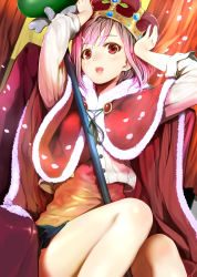 Rule 34 | 10s, 1girl, arms up, bare legs, between legs, capelet, chair, cherry blossoms, commentary request, crown, dutch angle, hair ornament, hairclip, highres, jacket, koharu yoshino, looking at viewer, mikazuki akira!, open mouth, pink eyes, pink hair, red eyes, sakura quest, short hair, sitting, skirt, solo, staff, teeth, throne