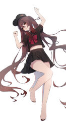 Rule 34 | 1girl, absurdres, alternate costume, bare legs, barefoot, baseball cap, black hat, black nails, bow, bowtie, brown hair, brown nails, brown shirt, brown skirt, contemporary, flower-shaped pupils, full body, genshin impact, hat, highres, hu tao (genshin impact), long hair, looking at viewer, lying, nail polish, navel, on back, open mouth, qixia, red bow, red bowtie, red eyes, school uniform, shirt, short sleeves, simple background, skirt, solo, symbol-shaped pupils, thighs, toenail polish, toenails, toes, twintails, very long hair, white background
