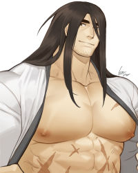 Rule 34 | 1boy, abs, bara, bare pectorals, black hair, character request, copyright request, dougi, facial hair, gomtang, japanese clothes, kimono, large pectorals, long hair, male focus, mature male, muscular, muscular male, nipples, open clothes, open kimono, pectoral focus, pectorals, scar, scar on chest, scar on stomach, smile, solo, stomach, stubble