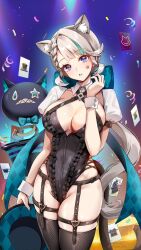 Rule 34 | 1girl, animal ears, black leotard, black thighhighs, blush, bow, breasts, card, cat ears, cat girl, cat tail, cleavage, commentary, covered navel, facial mark, foxyreine, genshin impact, grey hair, hair bow, hat, highleg, highleg leotard, highres, large breasts, leotard, long hair, looking at viewer, lynette (genshin impact), playing card, puffy short sleeves, puffy sleeves, purple eyes, short sleeves, solo, star (symbol), star facial mark, tail, thighhighs, thighs, top hat, wrist cuffs