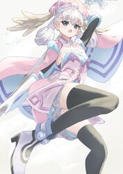 Rule 34 | 1girl, absurdres, black thighhighs, blue eyes, breasts, cape, dress, foot out of frame, gloves, head wings, highres, holding, holding staff, melia antiqua, open mouth, revision, short dress, small breasts, solo, staff, strapless, strapless dress, takahashi hizumi, thighhighs, white footwear, white gloves, wings, xenoblade chronicles (series), xenoblade chronicles 1