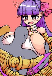 Rule 34 | 1boy, 1girl, absurdres, between breasts, breast smother, breasts, claw (weapon), face to breasts, fate/grand order, fate (series), gigantic breasts, hair ribbon, head between breasts, hetero, highres, hug, o-ring, o-ring top, open mouth, passionlip (fate), passionlip (third ascension) (fate), pink background, pink eyes, pink ribbon, purple hair, ribbon, simple background, upper body, user hsej5858, weapon