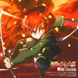 Rule 34 | 00s, 1girl, alastor (shakugan no shana), black thighhighs, copyright name, frown, hair between eyes, highres, holding, holding sword, holding weapon, jewelry, long hair, miniskirt, necklace, pendant, red background, red hair, scan, school uniform, serafuku, shakugan no shana, shana, skirt, solo, sword, thighhighs, two-handed, very long hair, weapon