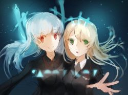 Rule 34 | 2girls, bad id, bad pixiv id, blonde hair, commentary, glowing, gradient background, green eyes, heidimarie w. schnaufer, heinrike prinzessin zu sayn-wittgenstein, highres, hirschgeweih antennas, kleinlight, long hair, looking at viewer, multiple girls, noble witches, open mouth, outstretched arm, red eyes, sadoma, signature, silver hair, sketch, smile, strike witches, uniform, upper body, world witches series