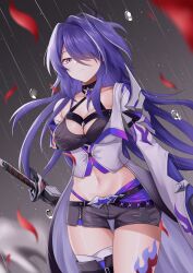 Rule 34 | 1girl, acheron (honkai: star rail), bandages, black choker, black gloves, black shorts, boots, breasts, choker, cleavage, coat, coattails, detached sleeves, falling petals, gloves, hair over one eye, halu shirasu, highres, honkai: star rail, honkai (series), leg tattoo, long hair, midriff, multicolored hair, navel, petals, purple eyes, purple hair, rain, red petals, scabbard, sheath, sheathed, short shorts, shorts, single bare shoulder, solo, stomach, streaked hair, sword, tattoo, thigh boots, water drop, weapon, white coat