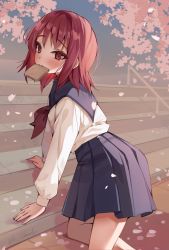 Rule 34 | all fours, angel beats!, beyumi, blue skirt, blush, bread slice, cherry blossoms, commentary, feet out of frame, food, highres, iwasawa masami, looking at viewer, mouth hold, outdoors, pleated skirt, red eyes, red hair, red neckwear, school uniform, serafuku, shirt, short hair, skirt, solo, stairs, toast, white shirt