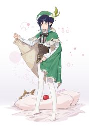 Rule 34 | 1boy, androgynous, apple, bed sheet, beret, black hair, blue hair, bow, braid, brooch, cape, closed mouth, collared cape, collared shirt, commentary, corset, flower, food, frilled sleeves, frills, fruit, full body, gem, genshin impact, gradient hair, green eyes, green hat, hat, hat flower, highres, holding, holding cape, holding clothes, honlo, jewelry, leaf, long sleeves, looking at viewer, lyre, multicolored hair, no shoes, pantyhose, pillow, shirt, short hair with long locks, sidelocks, simple background, smile, solo, standing, symbol-only commentary, twin braids, twitter username, venti (genshin impact), white background, white flower, white pantyhose, white shirt