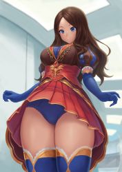 Rule 34 | 1girl, blue eyes, blue gloves, blue panties, blue thighhighs, blush, breasts, brown dress, brown hair, dress, elbow gloves, fate/grand order, fate (series), forehead, gloves, highres, jewelry, large breasts, leonardo da vinci (fate), long hair, necklace, open mouth, panties, parted bangs, pendant, puff and slash sleeves, puffy short sleeves, puffy sleeves, ranma (kamenrideroz), red skirt, short sleeves, skirt, solo, thighhighs, thighs, underwear, upskirt
