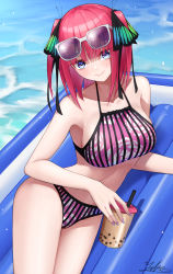 Rule 34 | 1girl, absurdres, bare shoulders, bikini, blue eyes, blunt bangs, breasts, bubble tea, closed mouth, cowboy shot, floral print, go-toubun no hanayome, gradient nails, halterneck, highres, inflatable raft, looking at viewer, lying, medium breasts, medium hair, nakano nino, navel, ocean, on side, outdoors, pink bikini, pink hair, sideboob, signature, smile, solo, striped bikini, striped clothes, swimsuit, two side up, yuhi (yuhi atb26)