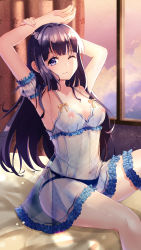 Rule 34 | 1girl, absurdres, arm cuffs, arm on own head, armpits, arms up, bare shoulders, bed sheet, black panties, blue dress, blunt bangs, blush, braid, breasts, cleavage, closed mouth, cloud, cloudy sky, collarbone, commission, curtains, dress, floral print, frilled dress, frills, half-closed eye, highres, holmemee, indoors, large breasts, lingerie, long hair, looking at viewer, makinohara shouko, nail polish, nipples, no bra, on bed, one eye closed, panties, pink nails, pixiv commission, purple eyes, purple hair, see-through, see-through dress, seishun buta yarou, sidelocks, sitting, sky, smile, solo, sunset, thigh strap, underwear, very long hair, window