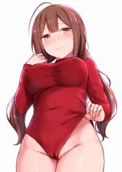 Rule 34 | 1girl, ahoge, blush, brown eyes, cai geng, cameltoe, closed mouth, covered navel, heattech leotard, idolmaster, idolmaster shiny colors, kuwayama chiyuki, leotard, long hair, long sleeves, low twintails, red leotard, simple background, smile, solo, turtleneck, twintails, white background