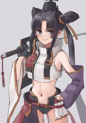 Rule 34 | 1girl, armor, asymmetrical sleeves, bare shoulders, black hair, black hat, black shorts, blue eyes, brown ribbon, closed mouth, commentary request, crop top, crop top overhang, detached sleeves, fate/grand order, fate (series), grey background, groin, hair ribbon, hand on own hip, hat, holding, holding sword, holding weapon, japanese armor, katana, kopaka (karda nui), kusazuri, long hair, long sleeves, looking at viewer, midriff, mini hat, navel, over shoulder, parted bangs, purple sleeves, ribbon, short shorts, shorts, simple background, sleeveless, sleeves past wrists, smile, solo, sword, sword over shoulder, twintails, uneven sleeves, ushiwakamaru (fate), very long hair, weapon, weapon over shoulder, white sleeves, wide sleeves