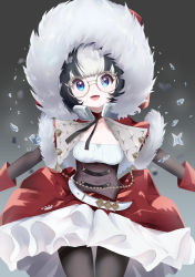 Rule 34 | 1girl, azur lane, belt, black hair, black pantyhose, blue eyes, blush, breasts, brown corset, capelet, cleavage, corset, eskimo (azur lane), fur-trimmed capelet, fur trim, glasses, gloves, gradient background, highres, ice crystal, looking at viewer, magnifying glass, medium breasts, multicolored hair, one eye closed, open mouth, pantyhose, red capelet, red gloves, ribbon, round eyewear, simple background, smile, solo, two-tone dress, unorch, white belt, white hair