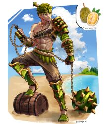 Rule 34 | 1boy, abs, absurdres, armor, armored boots, ball and chain (weapon), barrel, beach, biceps, black gloves, blue sky, boots, cloud, cloudy sky, day, durian, fingerless gloves, gloves, green hair, highres, muscular, muscular male, original, outdoors, pectorals, personification, reference inset, semmya ori, serious, shadow, short hair, sky, solo, spike ball, spiked ball and chain, spikes, tree, water