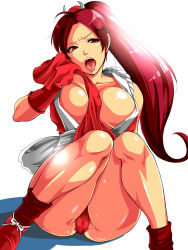 Rule 34 | 1girl, bare shoulders, breasts, brown eyes, brown hair, cleavage, fatal fury, highres, huge breasts, legs, long hair, no bra, open mouth, pleasure-treasure, ponytail, shiranui mai, sitting, snk, solo, sweat, the king of fighters, thighs, tongue, very long hair