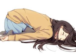 Rule 34 | 1girl, black hair, black pantyhose, blue skirt, blush, closed eyes, commentary request, facial hair, from side, kawai makoto, kneeling, long hair, long sleeves, open mouth, original, pantyhose, simple background, skirt, solo, sweater, teeth, yellow sweater