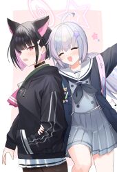 Rule 34 | 2girls, absurdres, ahoge, arm hug, backpack, bag, black hair, black jacket, black neckerchief, blue archive, blue jacket, blush, brown pantyhose, closed eyes, colored inner hair, grey shirt, grey skirt, hair ornament, hairclip, halo, hand in pocket, highres, jacket, kazusa (blue archive), long sleeves, low twintails, miniskirt, multicolored hair, multiple girls, nakonbu, neckerchief, open clothes, open jacket, open mouth, outstretched arm, pantyhose, purple hair, red eyes, reisa (blue archive), sailor collar, shirt, short hair, sideways mouth, skirt, star (symbol), star hair ornament, sweatdrop, twintails, upper body, v-shaped eyebrows, white skirt