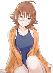Rule 34 | 1girl, ahoge, bespectacled, blue one-piece swimsuit, blush, breasts, brown eyes, brown hair, collarbone, flipped hair, glasses, grin, highres, idolmaster, idolmaster cinderella girls, idolmaster cinderella girls starlight stage, jacket, knee up, large breasts, long sleeves, looking at viewer, nishijima kai, one-piece swimsuit, open clothes, open jacket, orange jacket, red-framed eyewear, short hair, simple background, sitting, smile, solo, swimsuit, unu (unucence), white background