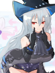 Rule 34 | 1girl, arknights, ascot, asususususu, bare shoulders, black dress, black hat, breasts, commentary request, dress, fingers to cheeks, fish, floral background, flower, hair between eyes, hat, highres, large breasts, leaning forward, long hair, looking at viewer, off-shoulder dress, off shoulder, open mouth, pants, red eyes, sidelocks, silver hair, skadi (arknights), sleeveless, sleeveless dress, smile, solo, two-sided fabric, two-sided headwear, very long hair, white background