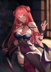 Rule 34 | 1girl, ahoge, arm support, bare shoulders, blurry, breasts, cleavage, commentary request, covered navel, demon wings, depth of field, double bun, dress, erze (king&#039;s raid), hair bun, hand up, king&#039;s raid, large breasts, long hair, looking at viewer, pelvic curtain, red eyes, red hair, resolution mismatch, sitting, smile, solo, source larger, suzuame yatsumi, thighhighs, very long hair, wings