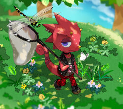 Rule 34 | 1boy, animal crossing, black choker, black footwear, black jacket, blue sky, blurry, blurry background, boots, bug, butterfly net, choker, closed mouth, cloud, commentary request, day, dragonfly, ear piercing, expressionless, flick (animal crossing), flower, furry, furry male, grass, grey shirt, hand net, holding, holding butterfly net, horns, insect, jacket, jewelry, looking at viewer, male focus, mikami, nintendo, open clothes, open jacket, outdoors, pants, pendant, pendant choker, piercing, plaid, plaid pants, plant, print shirt, purple eyes, red pants, shirt, sky, sleeveless, sleeveless jacket, solo, spikes, tree, walking, white flower, yellow flower