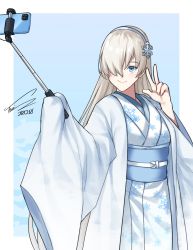 Rule 34 | 1girl, absurdly long hair, anastasia (fate), blue background, blue eyes, blue hairband, blue kimono, blush, border, cellphone, fate/grand order, fate (series), grey hair, hair ornament, hair over one eye, hairband, halloween costume, highres, japanese clothes, kimono, long hair, obi, phone, print kimono, sash, selfie stick, signature, sleeves past wrists, smartphone, smile, snowflake hair ornament, snowflake print, solo, toni nguyen, very long hair, w, white border, wide sleeves